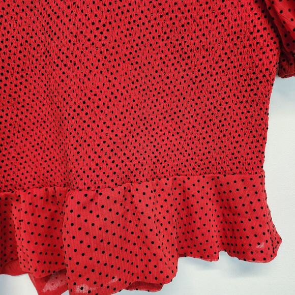 Express Smocked Peplum Polka Dot Blouse Top Size L Red Puff Sleeve Rockabilly - Picture 5 of 12